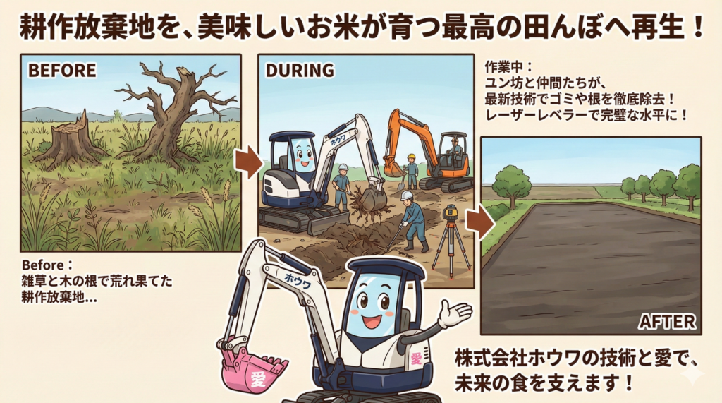 耕作放棄地を田んぼへ　1日で水田が完成しました