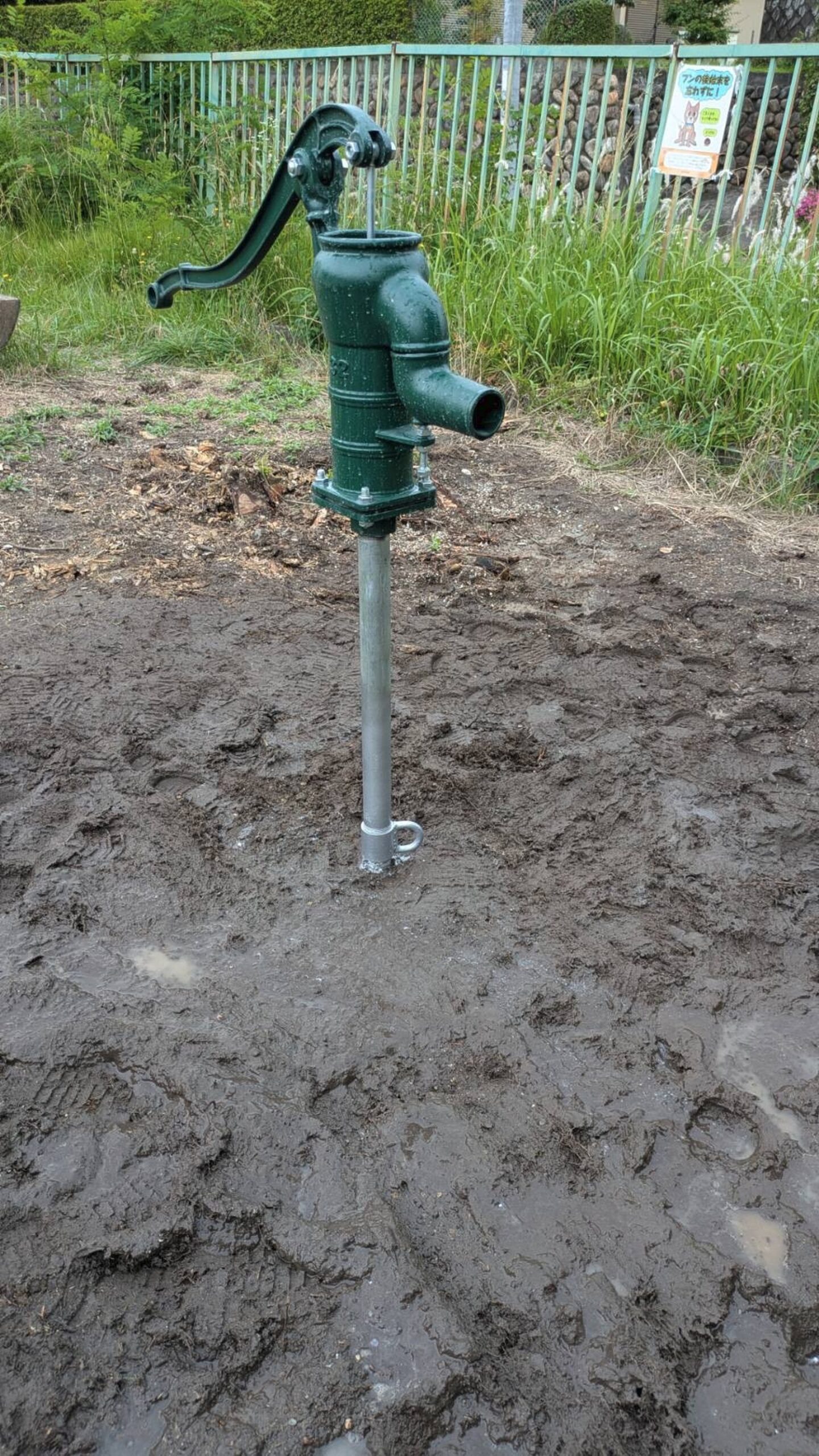 完成した手押しポンプのアップ。水受けバケツも設置されている。