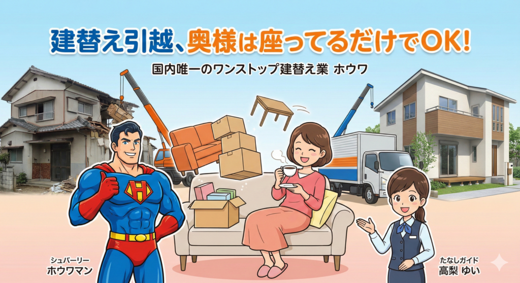 国内唯一のワンストップ建替え業「ホウワ」のサービスイメージ。ホウワマンと高梨結衣が案内し、奥様がリラックスしている間に家の解体・引越し・新築がすべて完結する様子を描いたアイキャッチ画像。