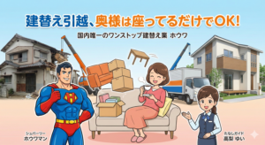 国内唯一のワンストップ建替え業「ホウワ」のサービスイメージ。ホウワマンと高梨結衣が案内し、奥様がリラックスしている間に家の解体・引越し・新築がすべて完結する様子を描いたアイキャッチ画像。