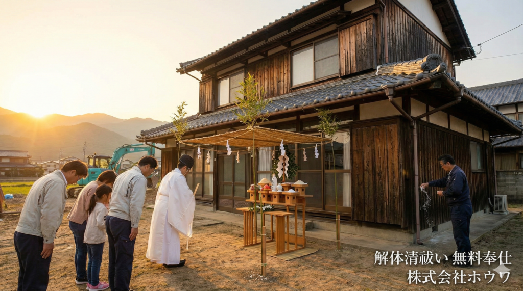 奈良県での解体工事前に行われる「解体清祓い（無料奉仕）」の様子。伝統的な日本家屋の前で、御施主様と株式会社ホウワのスタッフが安全を祈願し、家屋への感謝を捧げている風景。