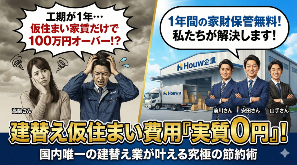 国内唯一の建替え業ホウワが提案する「仮住まい費用実質0円」の解説バナー。1年間の家財保管無料サービスにより、建替え工期中の家賃負担を解消する仕組みをアドバイザー三銃士が紹介。