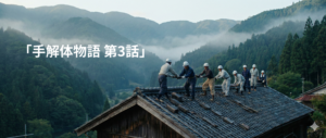 奈良県吉野郡川上村の解体現場にて、霧深い山あいを背景に職人たちが手作業で瓦を下ろす「瓦リレー」の様子