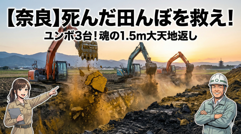 奈良の田んぼ再生プロジェクト：ユンボ3台による1.5mの大天地返しの施工風景と、案内役の高梨結衣・佐藤源のイラスト。背景には奈良の美しい夕景。