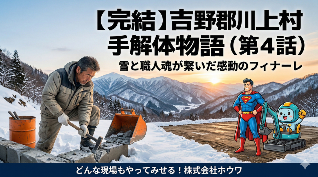 【完結】吉野郡川上村・手解体物語（第4話）のアイキャッチ画像。雪景色の山岳地帯で作業する職人と、ホウワマン・ユン坊をイメージしたキャラクターが並び、「どんな現場もやってみせる！」という株式会社ホウワの誇りを表現しています。