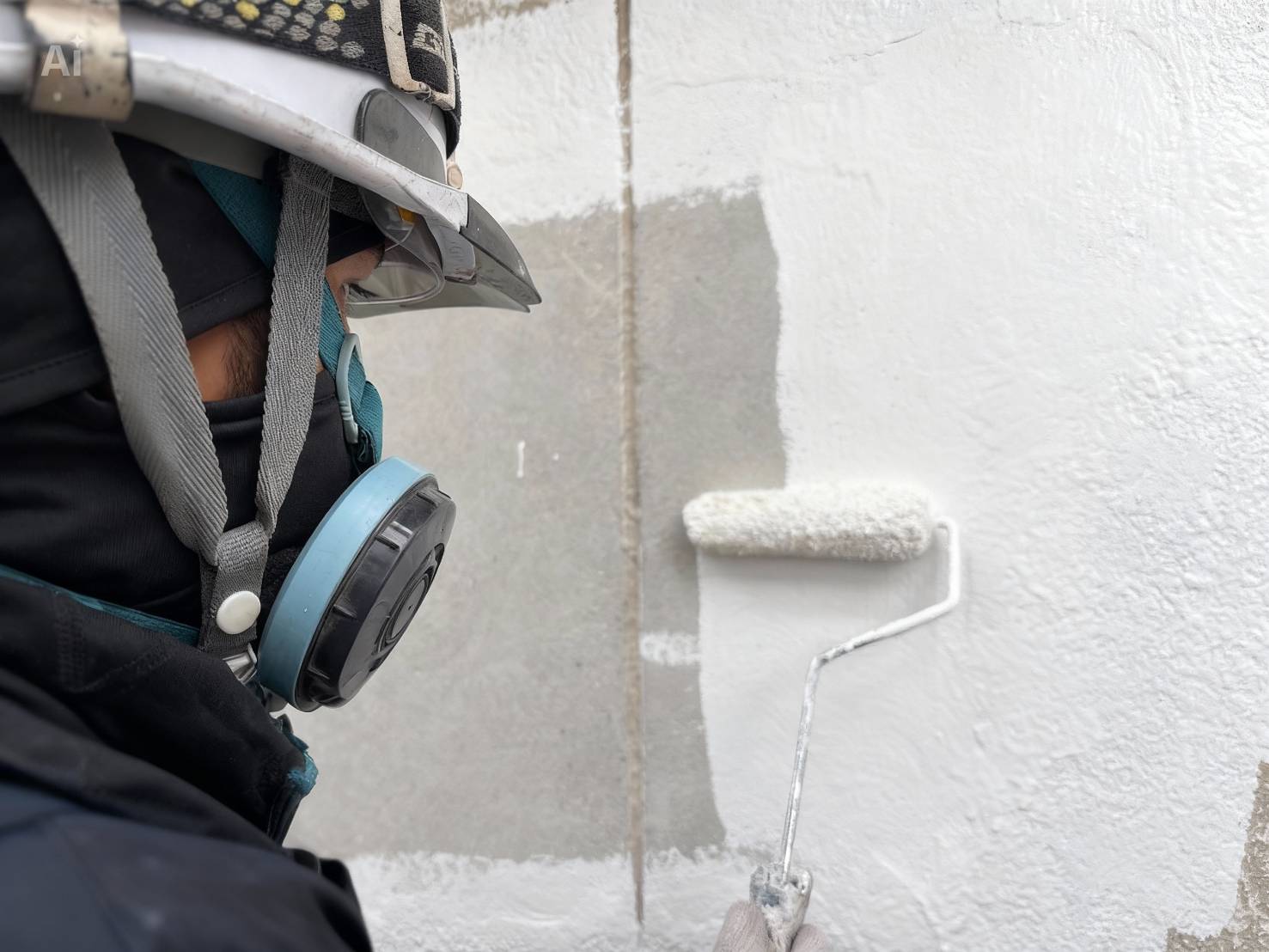 寝屋川市の現場で飛散防止材をローラーで丁寧に手作業で塗布する様子