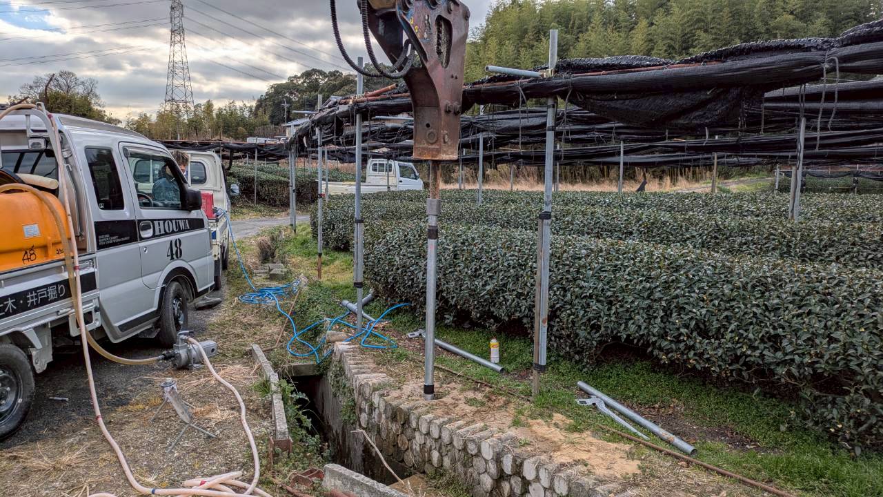 茶園のすぐ脇で、場所を変えて懸命に打ち込みを試みる様子