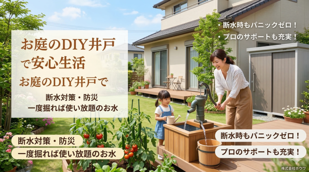 晴れたお庭で手押しポンプの井戸水を使って楽しむ親子と家庭菜園の風景。DIY井戸掘りによる断水対策・防災の安心感と、プロのサポートを伝える株式会社ホウワのアイキャッチ画像