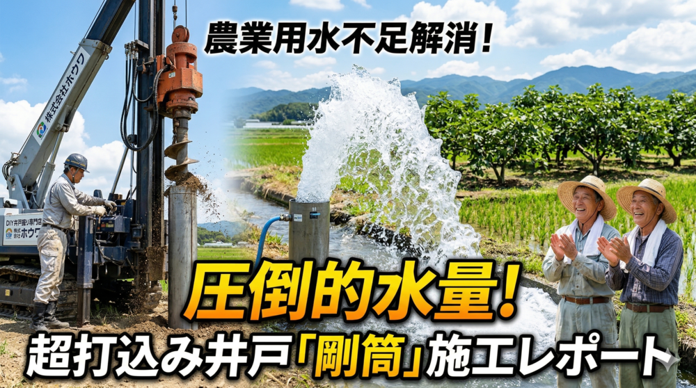 農業用水の不足を解消する圧倒的水量の超打込み井戸「剛筒」施工レポート。株式会社ホウワの重機による井戸掘り作業と、勢いよく溢れ出る地下水、水不足が解消されて喜ぶいちじく・稲作農家様の様子。
