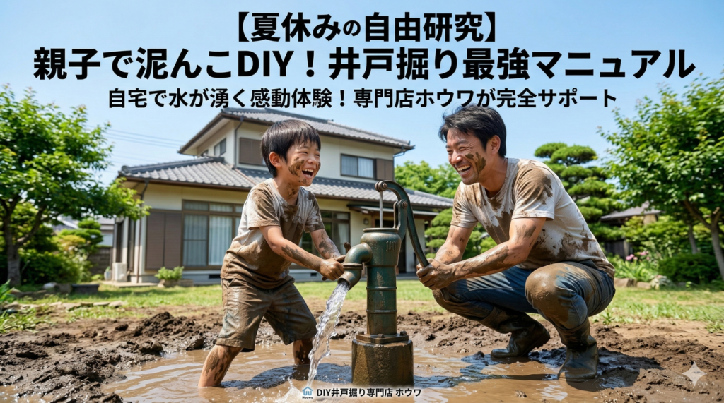 夏休みの自由研究・DIY井戸掘り最強マニュアルのアイキャッチ画像。親子で泥だらけになりながら、自宅の庭に設置した手押しポンプから水が湧き出て笑顔で喜んでいる様子。