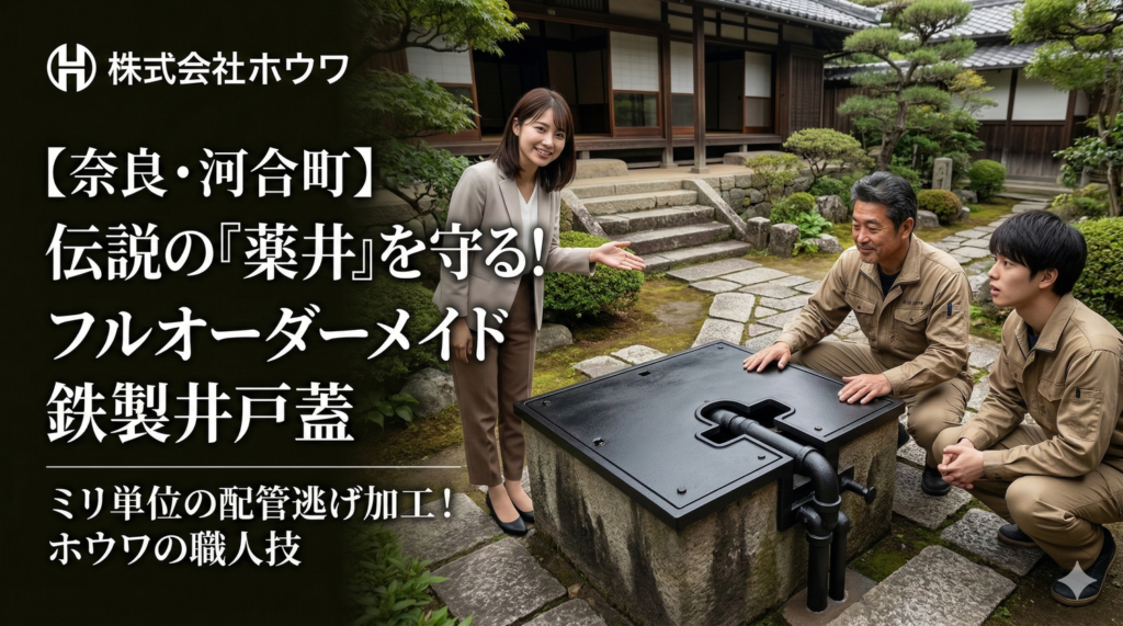 奈良県河合町で株式会社ホウワが製作・設置した完全フルオーダーメイドの鉄製井戸蓋。複雑な配管をミリ単位で避ける逃げ加工が施された重厚な蓋を、由緒あるお屋敷の庭園でスタッフと職人が紹介している様子