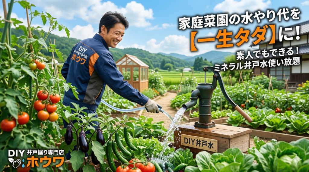 家庭菜園の水やり代を一生タダにするDIY井戸掘り。専門店ホウワのスタッフが、手押しポンプから出るミネラルたっぷりの井戸水で夏野菜に水やりをしているアイキャッチ画像。