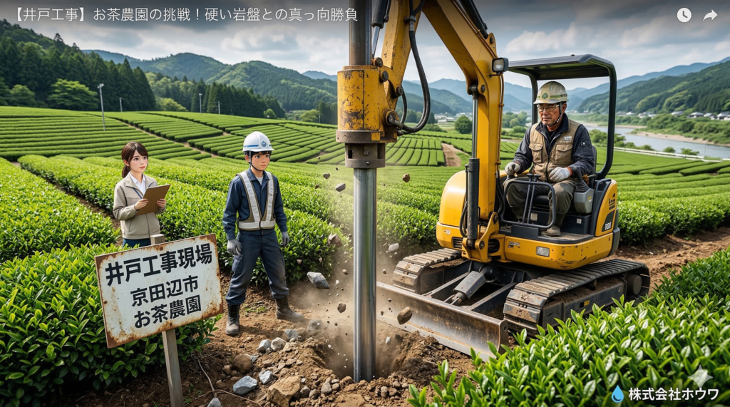京都府京田辺市のお茶農園で重機（ユンボ）を使って井戸の打ち込み工事に挑む株式会社ホウワのスタッフ