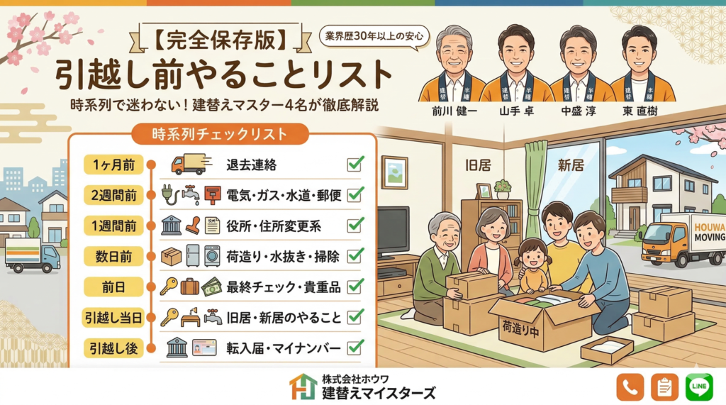 株式会社ホウワの建替えマスター4名が解説する「引越し前やることリスト」のアイキャッチ画像。1ヶ月前から引越し後までの時系列チェックリストと、笑顔で荷造りをする家族のイラスト。