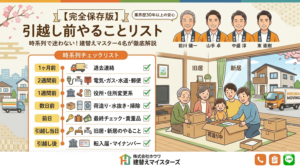 株式会社ホウワの建替えマスター4名が解説する「引越し前やることリスト」のアイキャッチ画像。1ヶ月前から引越し後までの時系列チェックリストと、笑顔で荷造りをする家族のイラスト。