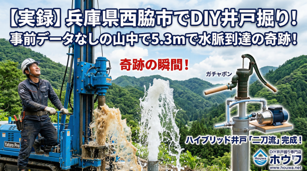 兵庫県西脇市の山中でのDIY井戸掘り施工事例記事【実録】のアイキャッチ画像。掘削機「矢太郎Pro」で5.3mの水脈に到達し泥水が噴き出す瞬間と、完成した手押しポンプ（ガチャポン）と電動ポンプのハイブリッドシステム「二刀流」が描かれている。