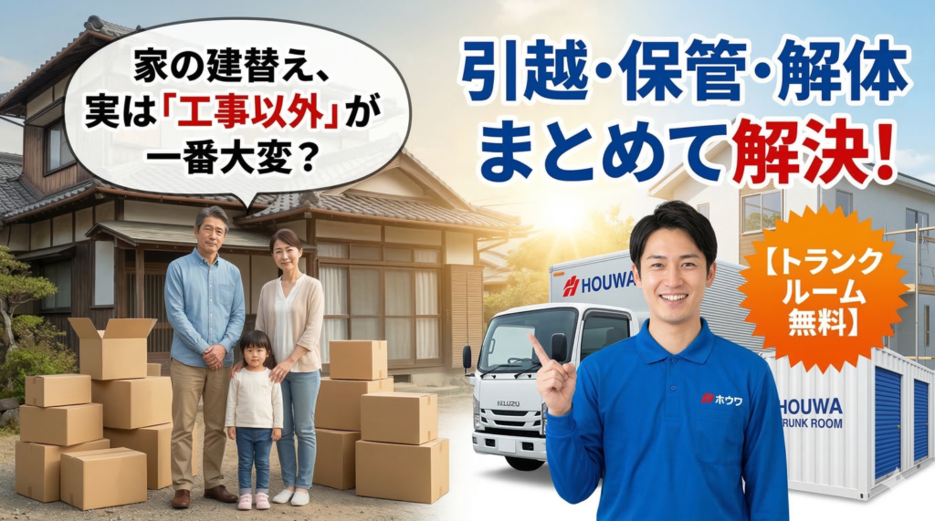 家の建替え準備に悩むご家族と、引越・保管・解体をワンストップで解決するホウワスタッフ（トランクルーム無料）