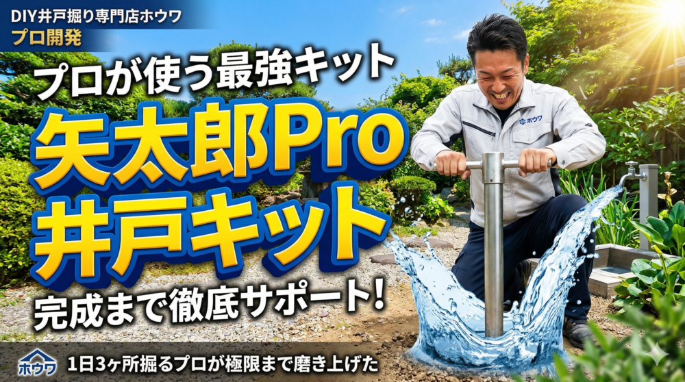 DIY井戸掘り専門店ホウワが開発した最強の打ち込み井戸キット「矢太郎Pro」。プロが庭で作業し、勢いよく地下水が湧き出ている様子。完成まで徹底サポート。