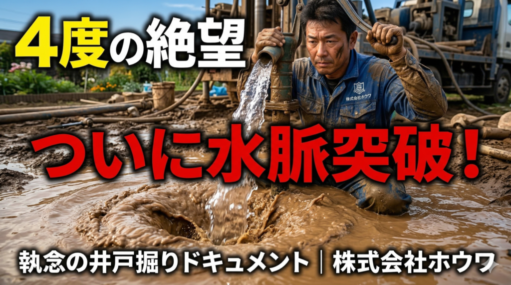 株式会社ホウワの井戸掘り施工ドキュメント用アイキャッチ画像。泥だらけの北田弘職人が手押しポンプ（ガチャポン）で清水を引き当てた瞬間。「ついに水脈突破！」のテキスト入り。