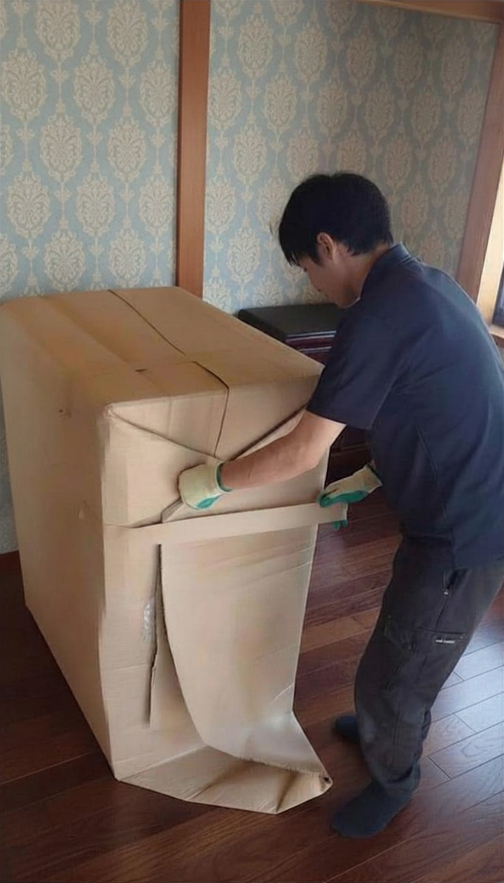 家具の梱包作業中