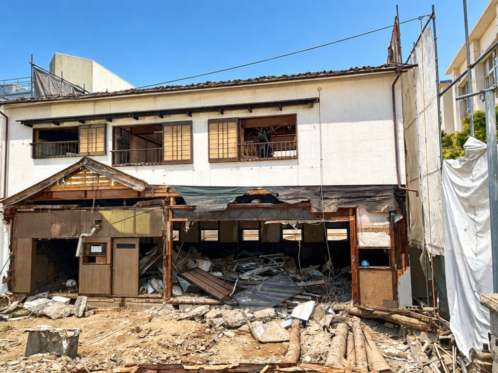 大阪府四條畷市における130坪の軽量・木造2階建て解体工事の様子